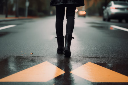 Girl walks along city road in black shoes, yellow arrows on pavement. AI generatedの素材