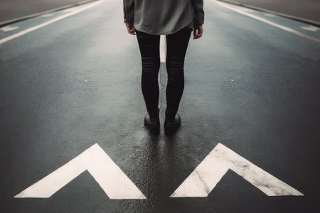 Women's legs in black shoes on road, white arrow choice of path. AI generatedの素材