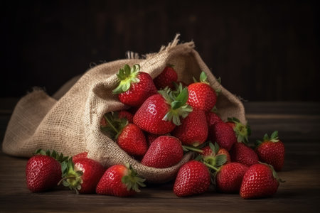 Juicy harvest of strawberries in burlap sack on rustic background. AI generatedの素材