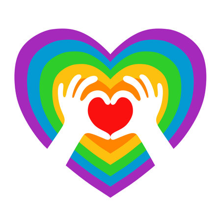 LGBT community pride concept with rainbow heart and heart-shaped hands. Vector illustration isolated on white.のイラスト素材