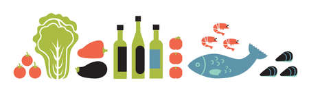 Set of food. Fruits, vegetables, dressings, seafood on a white background.のイラスト素材