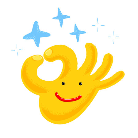 Cartoon hand with smiling face on it making ok gesture.のイラスト素材
