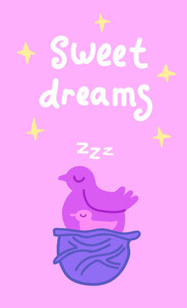 Illustration of cute bird with baby bird sleeping on nest.のイラスト素材