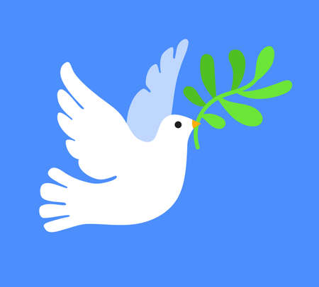 White dove in flight holding an olive branch. Concept of peace. Vector illustration on blue background.のイラスト素材