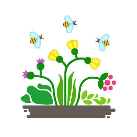 Wild flowers and bees. Small ecosystem. Vector illustration isolated on white.のイラスト素材