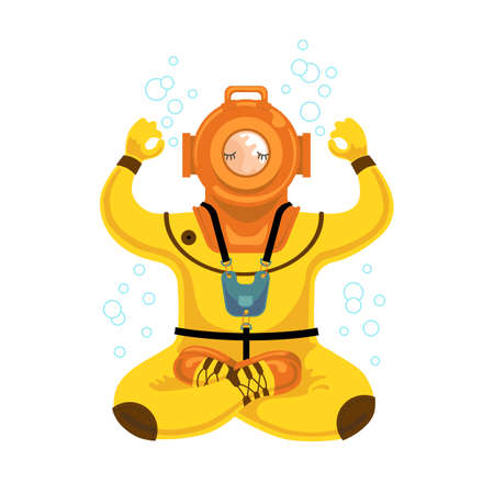 Human in ancient diving suit weditating underwater. Consept for meditation and deep relaxation.のイラスト素材