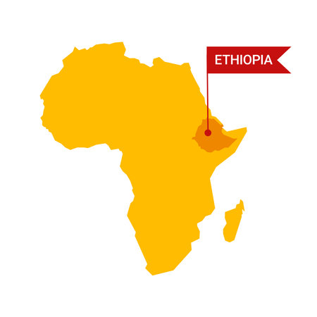 Ethiopia on an Africa s map with word Ethiopia on a flag-shaped marker.のイラスト素材