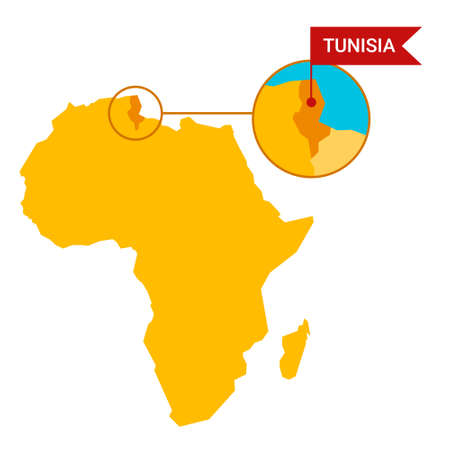 Tunisia on an Africa s map with word Tunisia on a flag-shaped marker.のイラスト素材