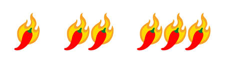 Three levels of spicy markers. Mild, medium and hot. Peppers over a flame. Flat vector isolated on white.のイラスト素材