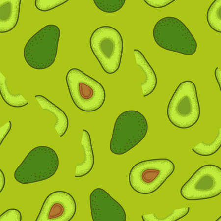 Whole, half and slice avocado seamless pattern. Textured vector illustration on green.のイラスト素材