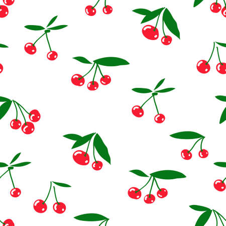 Vector cherry seamless pattern. Red berries and green leaves on white.のイラスト素材