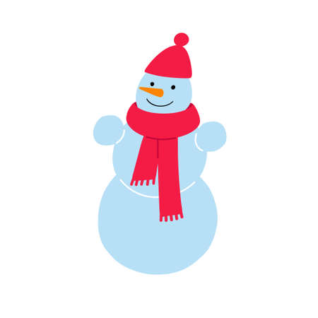 Smiling snowman in red hat and scarf. Flat vector illustration isolated on white.のイラスト素材