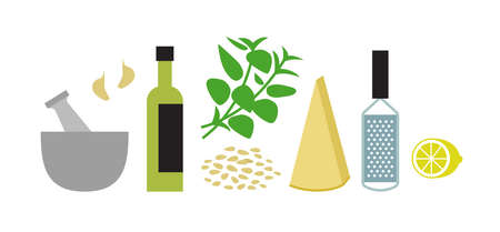Ingridients and tools for making basil pesto sauce. Horizontal flat vector illustration isolated on white.のイラスト素材