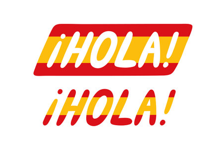 Hola spanish hello hand lettering in colors of spanish flag. Vector custom typography isolated on white.のイラスト素材