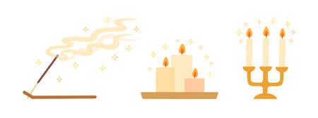 Set of candles and scented stick on a wooden stand. Home aromatherapy. Vector illustration isolated on white background.のイラスト素材
