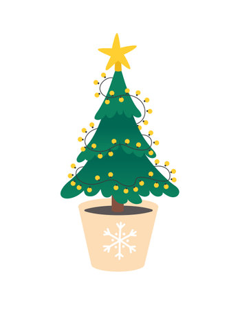 Christmas tree in a pot with garlands and star on top. New year potted fir flat vector illustration on white background.のイラスト素材