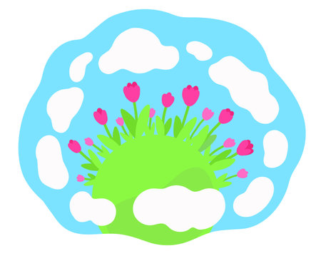 Red tulips growing on lawn under blue sky with clouds. Spring bloom flat color vector illustration on white background.のイラスト素材