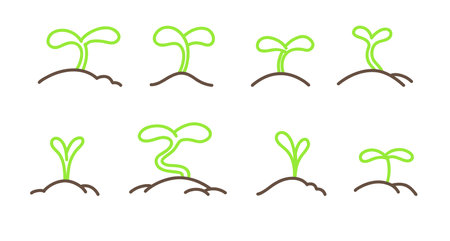 Seedlings in dirt heaps set. Vector color line illustration isolated on white background.のイラスト素材