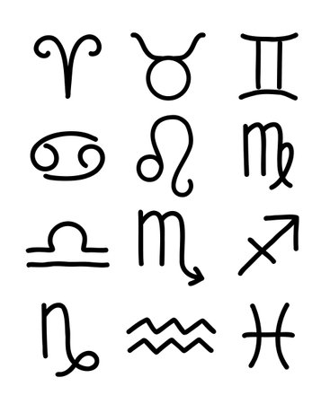 Vector hand drawn astrological signs collection. Horoscope black doodles isolated on white background.のイラスト素材