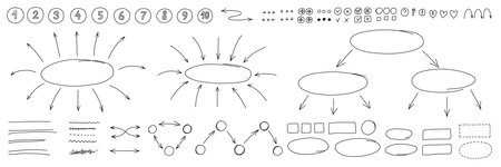 Hand drawn diagrams, arrows and design elements set. Vector black thin line drawing isolated on white background.のイラスト素材