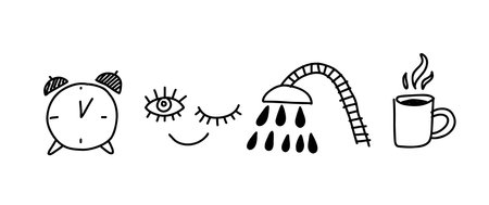 Abstract morning routine illustration. Simple line black vector illustration isolated on white background.のイラスト素材