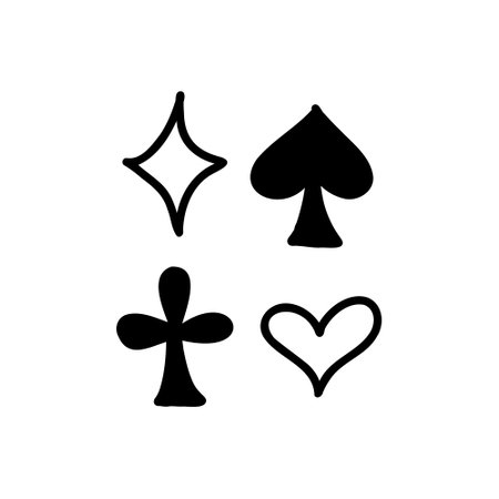 Vector hand drawn illustration of the four cards suits symbols - Spades hearts diamonds and clubs black and white doodle.のイラスト素材