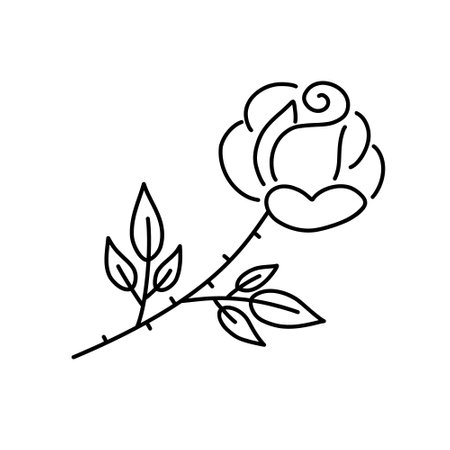 Rose bud on curved stem with leaves and thorns. Flower doodle.のイラスト素材