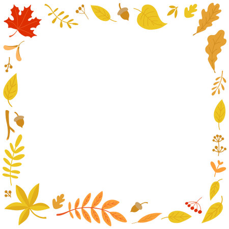 Autumn square thin frame with seasonal leaves and acorns. Flat color vector illustration isolated on white background.のイラスト素材
