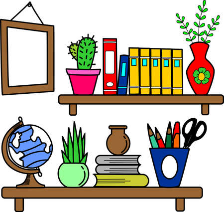 colorful doodle book shelf with vase and photo frame interior decorationのイラスト素材