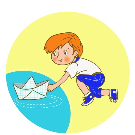 Illustration of kid with Paper Boat Down a Riverのイラスト素材