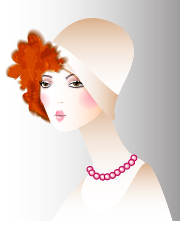 Vector fashion illustration vintage  girl in a hatのイラスト素材