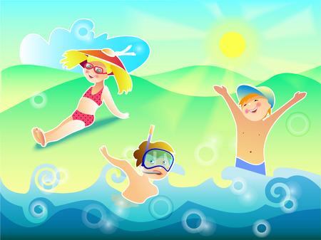 Vector illustration three children swim and sunbatheのイラスト素材