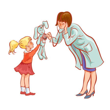 Happy little girl at the doctor for a checkup - being examined with a stethoscopeのイラスト素材