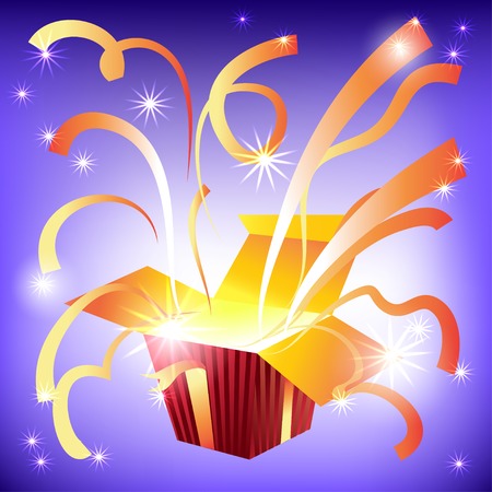 Open gift box with bright rays of light and flying ribbonのイラスト素材