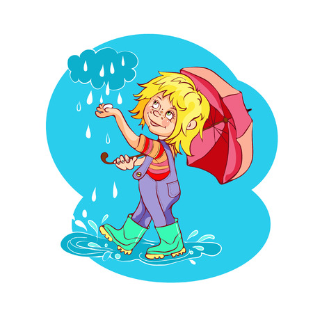 Cartoon kid playing in the rain. Vector illustration. All in a single layer.のイラスト素材