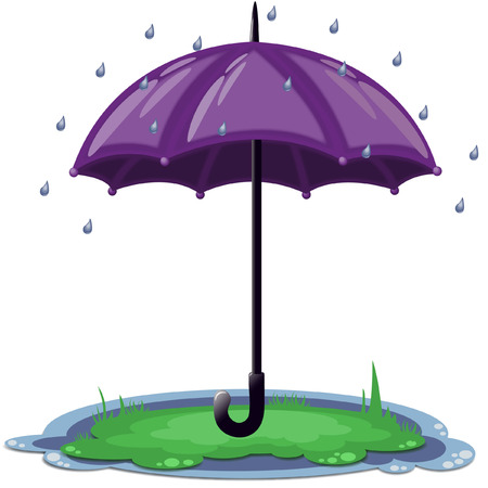 Big opened purple umbrella in the rain on the grass - eps10 vector cartoon illustrationのイラスト素材
