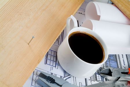 Working tools with a cup of coffee.の写真素材