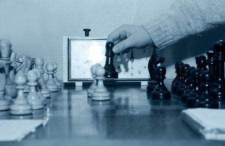 Chessmen on a table during game time.