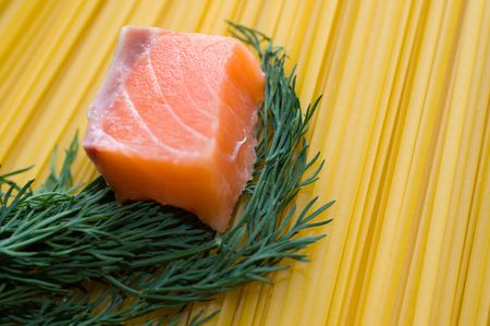 Spaghetti with a fresh salmonの写真素材