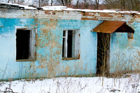 old blue ruins in winterの写真素材