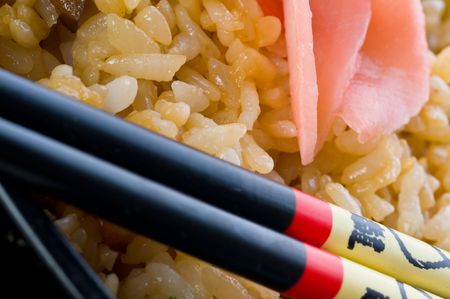 Japanese rice, vegetables and a salmon. の写真素材