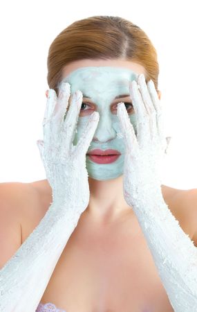Girl with face mask  and handの写真素材