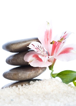 Stacked stones with flowerの写真素材