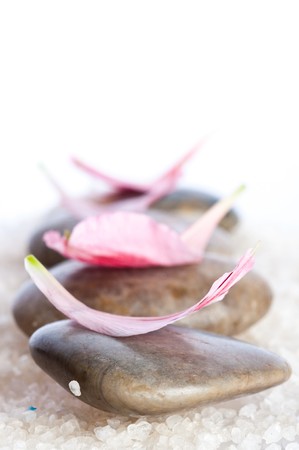 Stacked stones with flowerの写真素材