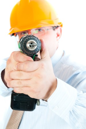 crazy man  builder with a drill.の写真素材