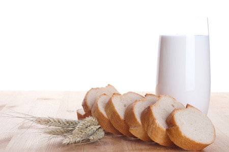 bread and milk in a glassの写真素材