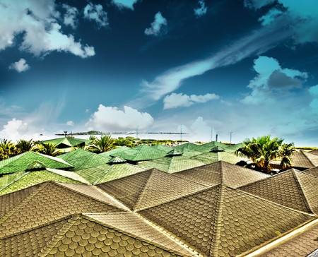 tiled roofs against the skyの写真素材