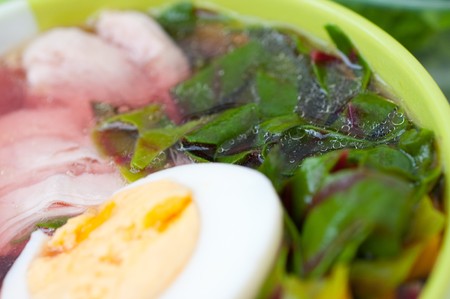 Green soup with sorrel and egg.の写真素材