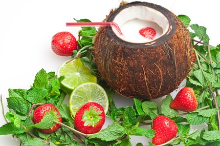 coconut drink with strawberry and mintの写真素材
