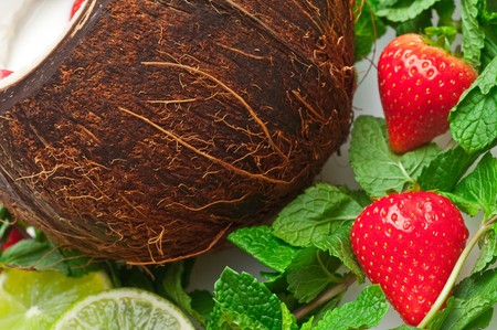 coconut drink with strawberry and mintの写真素材